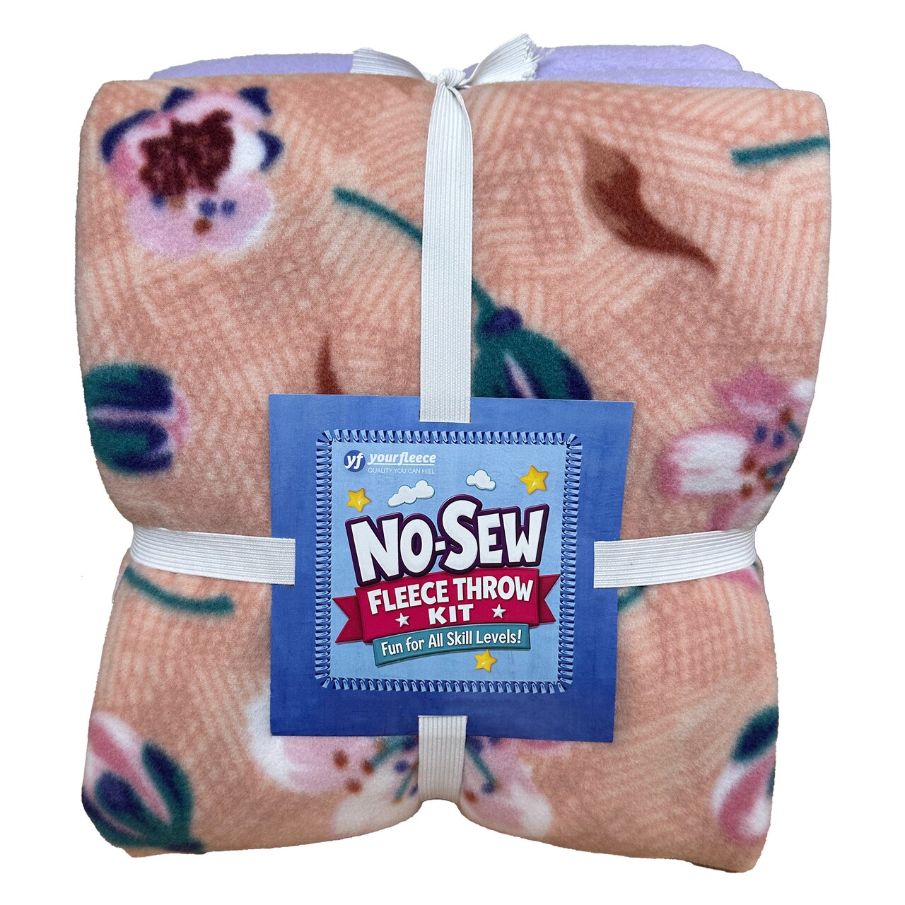 Ditsy Blooms Peach Anti-Pill Premium No Sew Throw Fleece Fabric Kit (Lavender Backing)